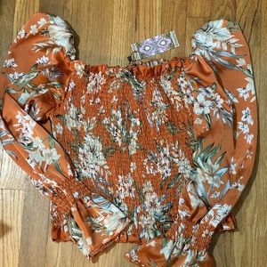 NWT Orange floral long sleeve crop top